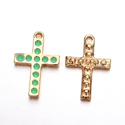 Light Gold Plated Alloy Enamel Cross Pendants, Aquamarine, 27x18x2mm, Hole: 2mm(ENAM-J544-04KCG)