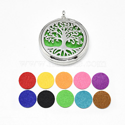 Alloy Diffuser Locket Pendants, with 304 Stainless Steel Findings and Random Single Color Non-Woven Fabric Cabochons Inside, Magnetic, Flat Round with Tree of Life, Random Single Color, 39.5x34x6.5mm, Hole: 3.5mm(PALLOY-Q352-11)