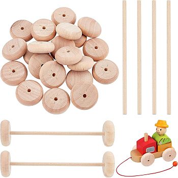 24Pcs Schima Wood Vehicle Wheels and 12Pcs Schima Wood Sticks, Toy Making Accessories, BurlyWood, Wheels: 3.8x1.2cm, Hole: 4.5mm, Sticks: 150x5mm