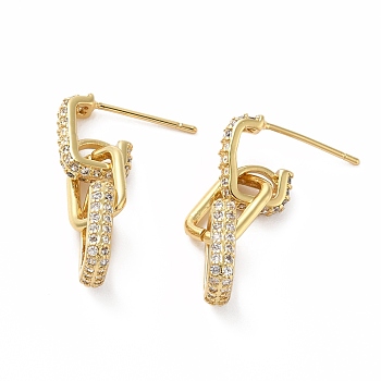 Cubic Zirconia Interlocking Oval Dangle Stud Earrings, Rack Plating Real 18K Gold Plated Brass Half Hoop Earrings for Women, Lead Free & Cadmium Free, Clear, 35x7.5x8mm, Pin: 0.8mm