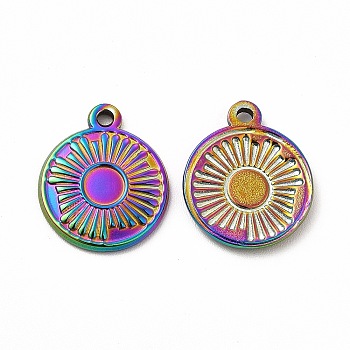Ion Plating(IP) 304 Stainless Steel Pendant Cabochon Settings, Flat Round, Rainbow Color, Tray: 4.5mm, 17x14x2mm, Hole: 1.4mm