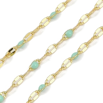 Rack Plating Brass Dapped Chains, with Enamel, with Spool, Soldered Lead Free & Cadmium Free, Real 18K Gold Plated, Pale Turquoise, 4x2x1mm