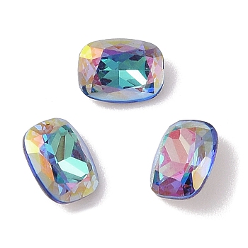 Glass Rhinestone Cabochons, Flat Back & Back Plated, Faceted, Rectangle, Bermuda Blue, 8x6x3.3mm