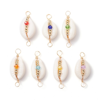 7Pcs 7 Colors Natural Cowrie Shell & Faceted Glass & Brass Bead Connetctor Charms, with Copper Double Loops, Real 18K Gold Plated, Mixed Color, 32.5~34.5x13.5~15x9~11mm, Hole: 3.5~4.3mm, 1pc/color