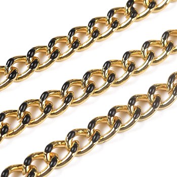 Golden Brass Enamel Curb Chain, Twisted Chain, Long-Lasting Plated, with Spool, Unwelded, Black, 10.5x8x3.5mm, 32.8 Feet(10m)/roll