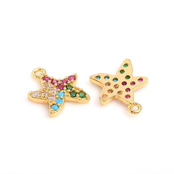 Brass Micro Pave Cubic Zirconia Pendants, Starfish, Golden, Colorful, 12x11x2mm, Hole: 1.2mm
