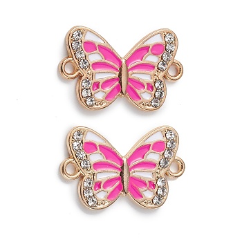 Alloy Enamel Connector Charms, Butterfly Links with Crystal Rhinestone, Light Gold, Cadmium Free & Nickel Free & Lead Free, Hot Pink, 21x13x1.7mm, Hole: 1.6mm
