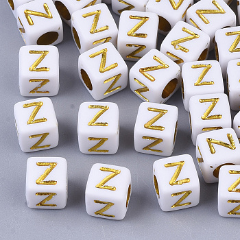 Plating Acrylic Beads, Horizontal Hole, Golden Metal Enlaced, Alphabet Style, Cube, Letter.Z, 5.5~6x5.5~6x5.5~6mm, Hole: 3.5mm, about 3000pcs/500g