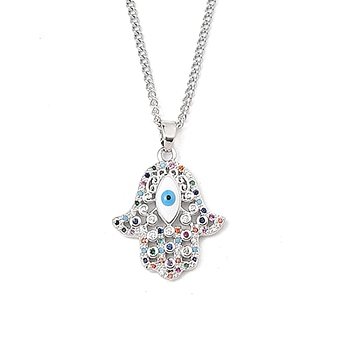 Brass Micro Pave Cubic Zirconia Pendant Necklaces,  201 Stainless Steel Chains Necklaces, Hamsa Hand, 23.54 inch(59.8cm), Hand: 24x21mm