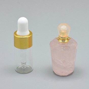 Faceted Natural Rose Quartz Openable Perfume Bottle Pendants, with Brass Findings and Glass Essential Oil Bottles, 40~48x21~25mm, Hole: 1.2mm, Glass Bottle Capacity: 3ml(0.101 fl. oz), Gemstone Capacity: 1ml(0.03 fl. oz)