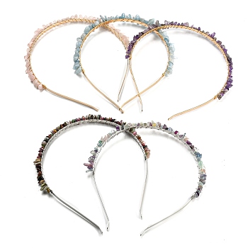 Brass Wire Wrapped Natural Gemstone Chip Hair Bands, with 304 Stainless Steel Hair Hoop, Hair Accessories for Women Girls, 140~152x125~135x6~10mm, Inner Diameter: 120mm
