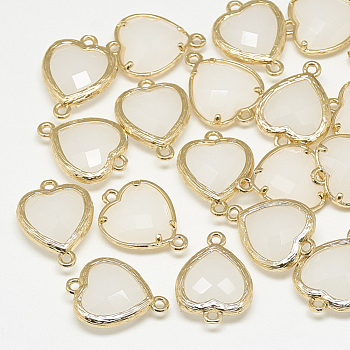 Glass Links connectors, with Golden Tone Brass Findings, Faceted, Heart, WhiteSmoke, 15x10x3mm, Hole: 1mm