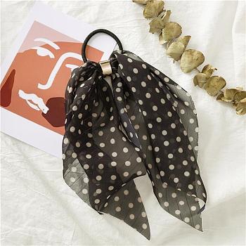 Polka Dot Pattern Cloth Elastic Hair Accessories, for Girls or Women, with Iron Findings, Hair Ties with Long Tail, Knotted Bow Hair Scarf, Black, 250mm