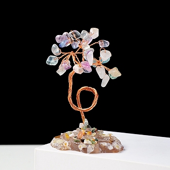 Natural Gemstone Chips and Natural Fluorite Pedestal Display Decorations, with Rose Gold Plated Brass Wires, Lucky Tree, 60~131mm