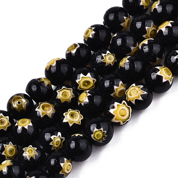 Round Millefiori Glass Beads Strands, Black, 6mm, Hole: 1mm, about 67pcs/strand, 14.7 inch