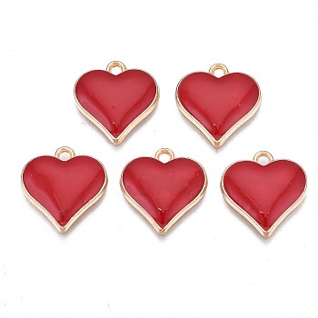 Alloy Enamel Pendants, Cadmium Free & Nickel Free & Lead Free, Light Gold, Heart, Red, 17x16x3mm, Hole: 1.6mm