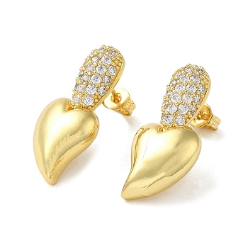 Heart Rack Plating Brass Micro Pave Cubic Zirconia Stud Earrings for Women, Long-Lasting Plated, Lead Free & Cadmium Free, Real 18K Gold Plated, 26.5x12mm