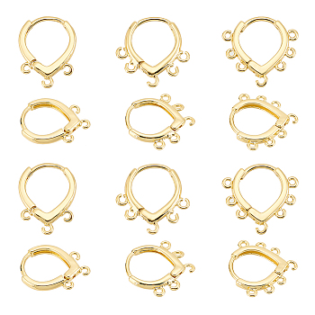 12Pcs 3 Style Brass Hoop Earring Findings, with Loops, Teardrop, Real 18K Gold Plated, 17.5~18x15~19x2.5~3mm, Hole: 1.2mm, Pin: 0.8~1mm, 4Pcs/style