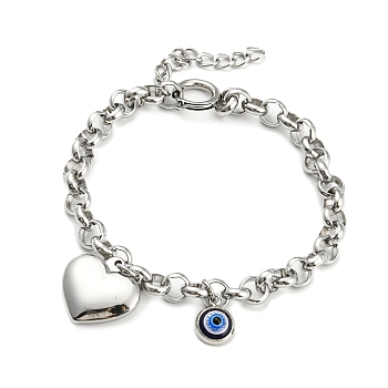 Resin Evil Eye & Heart Charm Bracelet, with 304 Stainless Steel Rolo Chains for Girl Women, Stainless Steel Color, 7-1/8 inch(18.2cm)