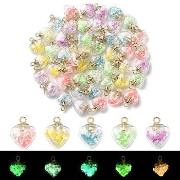 50Pcs 5 Colors Glow in the Dark Luminous Glass Pendants, with Golden Plastic Pendant Bails and Resin Rhinestone Inside, Heart Charms, Mixed Color, 20x15x9mm, Hole: 2mm, 10Pcs/color