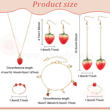 Strawberry Brass Enamel Pendant Necklace & Dangle Earrings & Open Cuff Ring & Charm Bracelet Jewelry Sets(SJEW-AN0001-35)-2