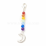 Chakra Theme Natural & Dyed Malaysia Jade Beaded Pendant Decorations, with Lobster Claw Clasps, Alloy Pendants, Moon, Colorful, 63mm(HJEW-JM00642-01)