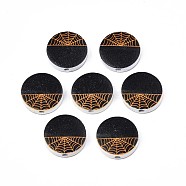 Halloween Printed Natural Wood Beads, Flat Round with Spiderweb Pattern, Orange, 19~20x5.9mm, Hole: 2~2.2mm(WOOD-T021-59)