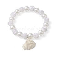ABS Plastic Imitation Pearl Beaded Stretch Bracelet, with Natural Shell Charms, Seashell Color, Inner Diameter: 2-1/8 inch(5.3cm)(BJEW-JB10104-02)