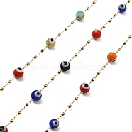 Evil Eye Lampwork Beaded Link Chains, with Golden 304 Stainless Steel Paperclip Chains, Soldered, with Spool, Colorful, 6mm, 2mm, about 32.81 Feet(10m)/Roll(CHS-G028-04G-08)