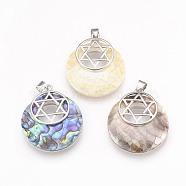 Shell Pendants, with Platinum Tone Brass Findings, for Jewish, Flat Round with Star of David, 32x28x7mm, Hole: 4x5mm(KK-F751-G)