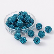 Polymer Clay Rhinestone Beads, Pave Disco Ball Beads, Grade A, Round, Half Drilled, Blue Zircon, 8mm, Hole: 1mm(RB-H258-HD8mm-229)