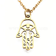 201 Stainless Steel Pendant Necklaces, with Cable Chains, Hamsa Hand/Hand of Fatima/Hand of Miriam, Golden, 15.7 inch(40cm), 1.5mm, Hand: 21x13x1mm(NJEW-T009-JN135-40-2)