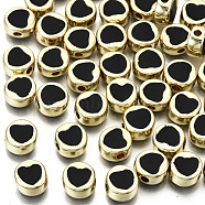 Alloy Enamel Beads, Cadmium Free & Lead Free, Flat Round with Heart, Light Gold, Black, 8x4mm, Hole: 1.5mm(ENAM-S122-030-RS)