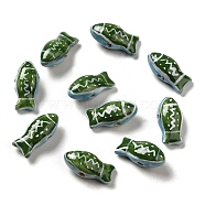 Handmade Printed Porcelain Beads, Famille Rose Porcelain, Fish, Green, 11x21.5~22x9mm, Hole: 1.5~1.8mm(PORC-E015-17J)