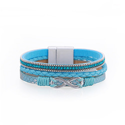 Bohemian Vacation Style Triple-layered Rhinestone Woven 8-shaped Leather Bracelet - Ethnic, Exaggerated, Deep Sky Blue, 7-5/8x1/2 inch(19.5x1.3cm)(ST6255993)