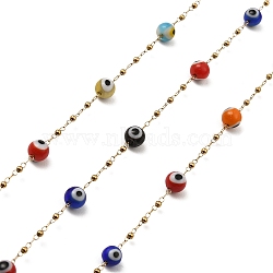 Evil Eye Lampwork Beaded Link Chains, with Golden 304 Stainless Steel Paperclip Chains, Soldered, with Spool, Colorful, 6mm, 2mm, about 32.81 Feet(10m)/Roll(CHS-G028-04G-08)