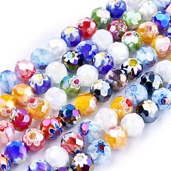 Faceted Round Handmade Millefiori Glass Beads Strands, AB Color Plated, Mixed Color, 9.5~10mm, Hole: 1.5mm, about 38pcs/strand, 14.1 inch(X-LK-R004-41)