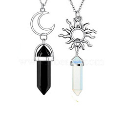 2Pcs 2 Style Natural Black & Opalite Bullet Pendant Necklaces Set, Alloy Sun & Moon Couple Necklaces, 17.72 inch(45cm), 1Pc/style(PW-WG26431-02)