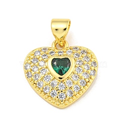 Heart Rack Plating Brass Micro Pave Cubic Zirconia Charms, with Glass, Cadmium Free & Lead Free, Real 18K Gold Plated, Green, 15x15x3.5mm, Hole: 4x3.2mm(KK-Z053-17G-03)