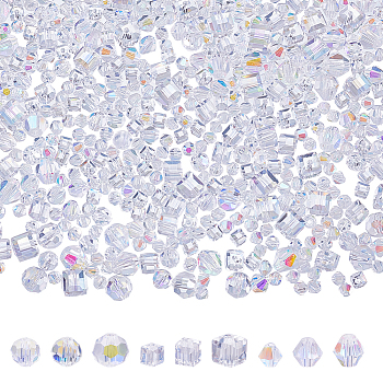 Nbeads 828~848Pcs 9 Style Electroplate Glass Beads Strands, AB Color Plated, Faceted, Cube & Bicone & Round, Clear, 4~8x4~8x4~8mm, Hole: 0.8~1.5mm