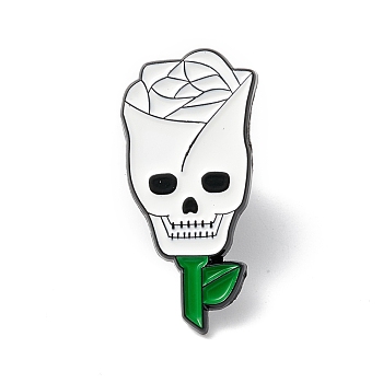 Rose with Skull Enamel Pin, Halloween Alloy Brooch for Backpack Clothes, Electrophoresis Black, White, 25x12x1.5mm