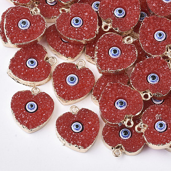 Druzy Resin Pendants, with Edge Light Gold Plated Iron Loops, Heart with Evil Eye, Red, 22~23x19x5.5mm, Hole: 1.8mm