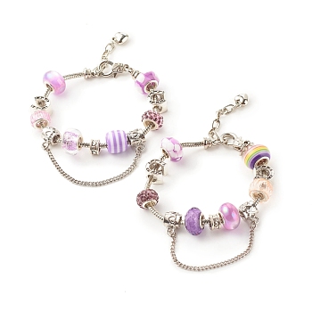 European Style Snake Chain Bracelet, Acrylic & Resin & Polymer Clay Rondelle Beaded Bracelet with Safety Chain for Women, Platinum, Mixed Color, 7-1/2 inch(19.2cm)