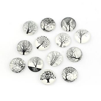 Glass Cabochons, For DIY Projects, Half Round/Dome with Tree Pattern, Mixed Color, 25x6mm