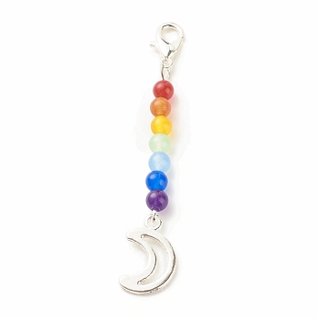 Chakra Theme Natural & Dyed Malaysia Jade Beaded Pendant Decorations, with Lobster Claw Clasps, Alloy Pendants, Moon, Colorful, 63mm