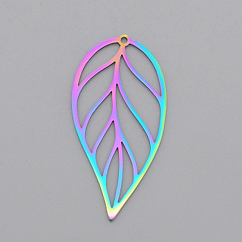 Ion Plating(IP) 201 Stainless Steel Pendants, Laser Cut, Leaf, Rainbow Color, 42x21x1mm, Hole: 1.4mm