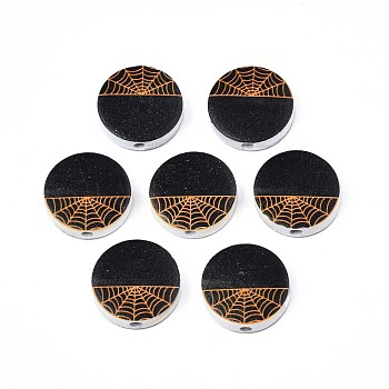 Halloween Printed Natural Wood Beads, Flat Round with Spiderweb Pattern, Orange, 19~20x5.9mm, Hole: 2~2.2mm