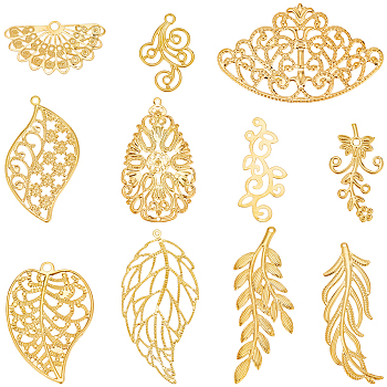 DIY Bridal Hair Accessories Making Finding Kit, Including 88Pcs 11 Styles Iron Pendants & Filigree Joiners, Leaf & Crown & Flower, Golden, 19.5~61x18.5~65.5x0.5~2mm, Hole: 1.2~3mm, 8Pcs/style