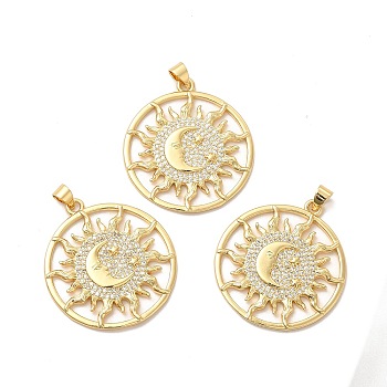Rack Plating Brass Micro Pave Cubic Zirconia Pendants, Cadmium Free & Lead Free,  Flat Round, Real 18K Gold Plated, 33x30x2mm, Hole: 5x3mm