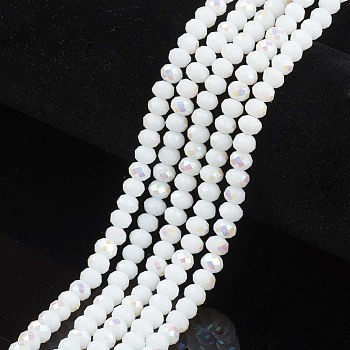 Electroplate Opaque Solid Color Glass Beads Strands, Half Rainbow Plated, Faceted, Rondelle, White, 8x6mm, Hole: 1mm, about 68pcs/strand, 15.5 inch(38.75cm)